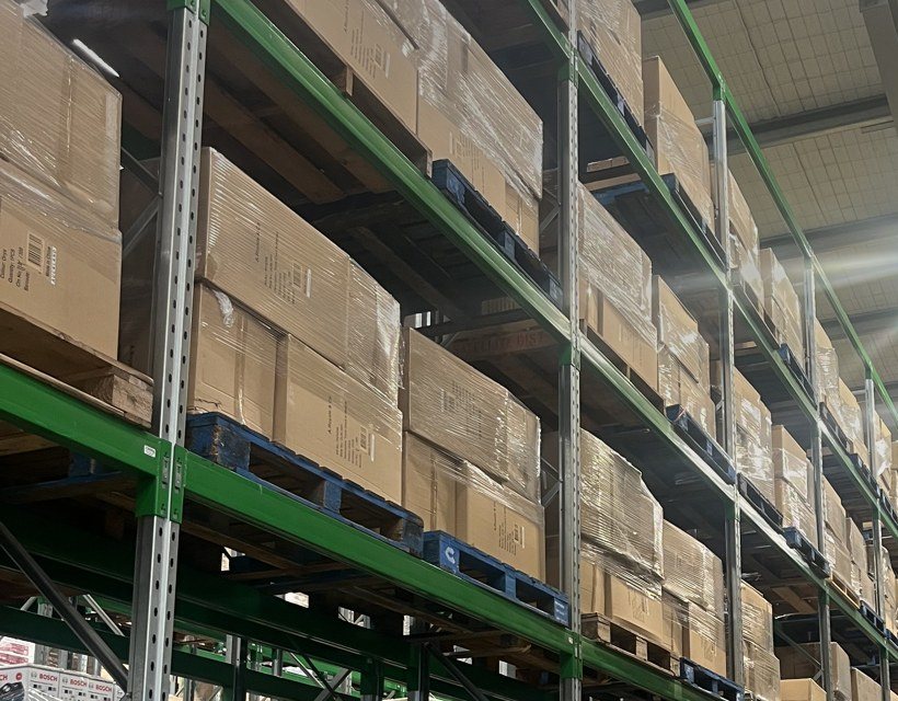 Wrapped pallets of stock stored in pallet racking at the Satellite3PL warehouse